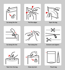 Obraz premium A set of icons for opening zip locks, tear notch on packaging. Zip and scissors vector icon set. Each icon perfect for your food bags, clothes vacuum bags, handbags, slider bags, ziplock bag. EPS10.