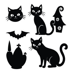 Vintage Halloween Elements Icon Bundle - Retro Black Cats Silhouette Art Illustration Set