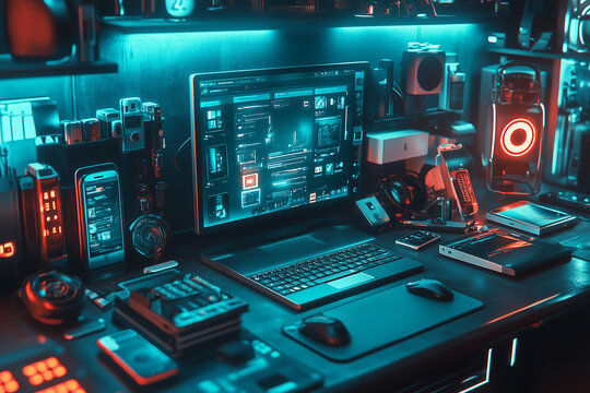 Modern workspace featuring high-tech gadgets, multiple screens, and ambient lighting in a digital environment