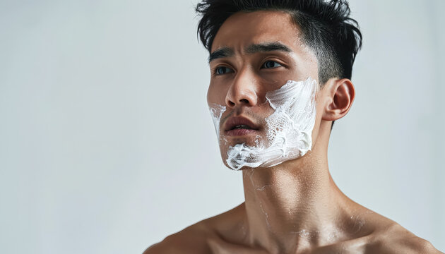 Man shaving his face with a razor. The man is balding and has a beard. He is using a shaving cream to help him shave