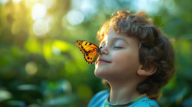 butterfly sitting on nose of little cheerful boy with closed eyes in park on green background, summer, childhood, happy cute child, orange wings of monarch butterfly, insect, portrait of kid
