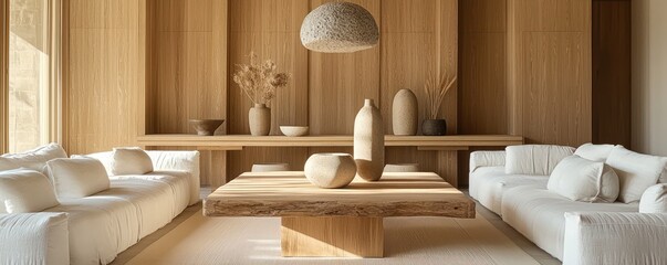 Light and inviting living room with oak walls, a plush white sofa, and a central wooden table highlighted by contemporary vases under a stone pendant lamp