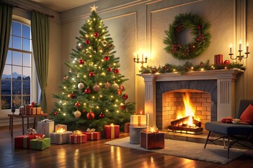 Elegant Christmas tree adorned with red and gold ornaments, placed near a lit fireplace. The room is filled with gifts and holiday decorations, creating a cozy festive atmosphere.