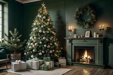 Modern Christmas tree decorated with white ornaments next to a green fireplace. The cozy room is filled with wrapped presents, creating a festive and stylish holiday atmosphere.