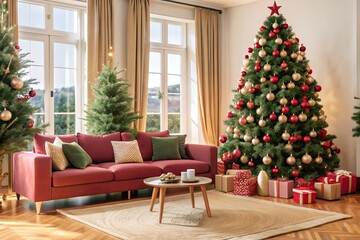  Bright and cozy living room with a decorated Christmas tree, red couch, and glowing fireplace. The space exudes festive charm with neatly wrapped gifts under the tree.