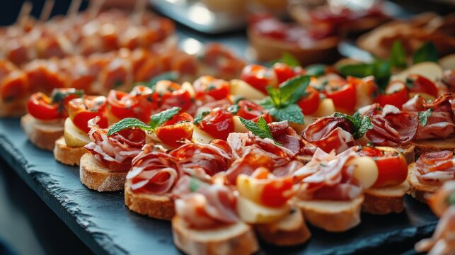 snack and appetizer buffet table provided by the caterer. A selection of canap&eacute;s featuring cheese, pears, bruschetta, jamon, and mint