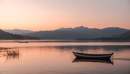 Obraz premium Peaceful Sunset over Mountain Lake with Boat