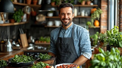 A smiling man prepares fresh vegetables in a cozy kitchen filled with plants and natural light during the harvest season