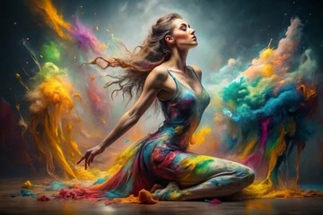 A creative, abstract depiction of a woman painted in wet, flowing colors. She is striking unusual, dynamic poses, with her body and limbs in fluid, unconventional angles. Wet paint on her body. 