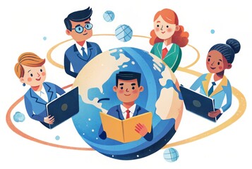 Group of multinational businesspeople and digital technology concept. Wide angle visual for banners or advertisements.