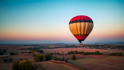 Fototapeta premium Hot Air Balloon Soaring Over Rural Landscape at Sunset.