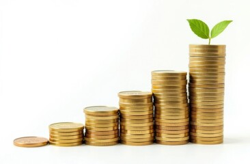 Green plant growing on increasing stacks of golden coins on white background