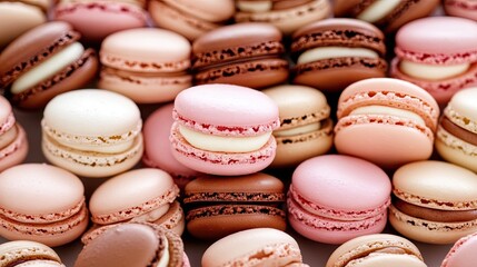 Obraz premium Indulge in a delightful assortment of colorful macarons in pastel shades, highlighting their intricate details and textures, perfect for a sweet-themed mobile background.