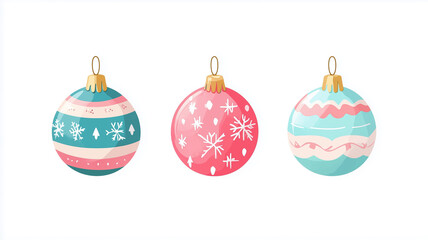 flat 2D vector illustration set, beautiful decorated christmas bauble isolated on white background. Set of beautiful Christmas decoration. Christmas elements, design for Christmas card, greeting card.
