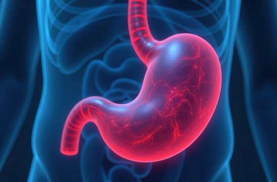 Human stomach showing nervous system in red glowing anatomy