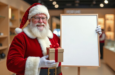 Naklejka premium A smiling Santa Claus stands near a blank white board and holds a small gift in a modern perfume shop. His classic appearance evokes a festive mood. Christmas and New Year Discounts and Sales Concept
