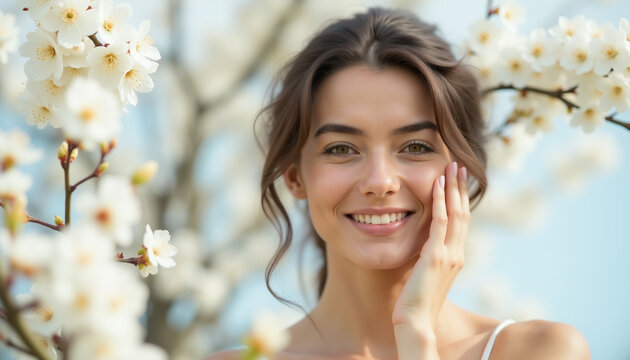 A close up portrait of a beautiful female with blossom tree on background, concept of gentle skin care
