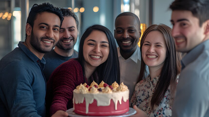 Obraz premium A team of coworkers from different ethnicities and backgrounds celebrating an office anniversary with cake and smiles in a relaxed atmosphere.