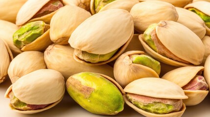 A close examination reveals the intricate textures of pistachio shells, showcasing their unique patterns and vibrant green nuts, creating an aesthetically pleasing composition.