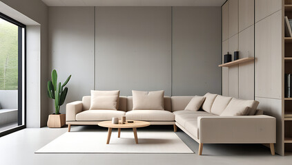 Fototapeta premium minimalist scandinavian modern living room home beige corner sofa concrete wall wooden shelf