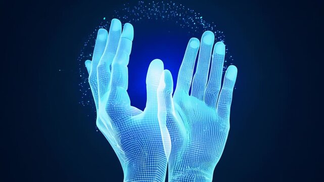 X-ray-like digital hands reaching out against a dark background with blue glow. video