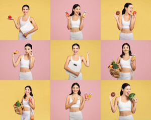 A woman showcases her healthy lifestyle by joyfully holding fruits, snacks, and drinks against vibrant pastel backgrounds, highlighting nutrition and wellness in everyday life.