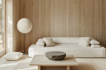 Minimalist living room setup with light wooden walls, a plush white sofa, and a coffee table under a round stone lamp