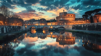 Illuminated medieval fortress, Sant'Angelo at night, Rome, Italy.