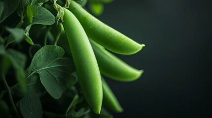 Obraz premium Close-up of snap pea pods on dark background.