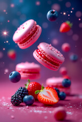 Bright pink macarons hover above an assortment of fresh strawberries, blueberries, and blackberries, creating a delightful and colorful dessert display that entices the senses