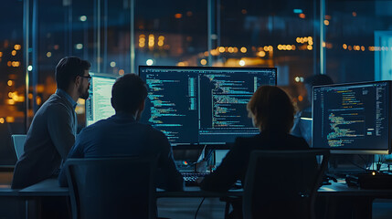 A team of professionals from various backgrounds collaborating on a digital project coding together in a sleek tech office.