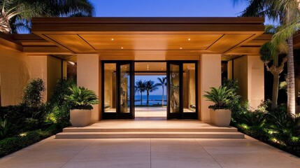 This stylish front door showcases a sleek design with wood and glass elements framed in black aluminum, enhanced by potted plants and ambient LED lighting for a modern look.