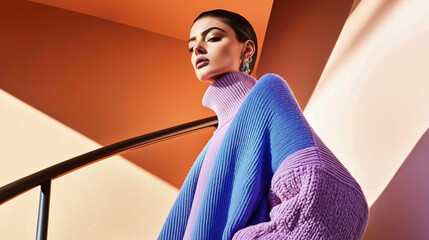 Woman in oversized blue and purple sweater on geometric staircase