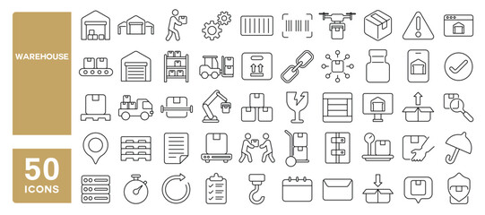 Obraz premium Set of 50 line icons related to warehouse, storage, stock, basement, depot, package, crate, box, inventory, Editable stroke. Vector illustration