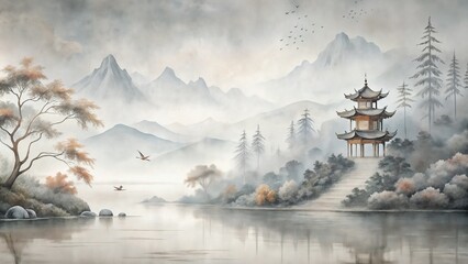 traditional Chinese landscape painting with pagoda and mountains
