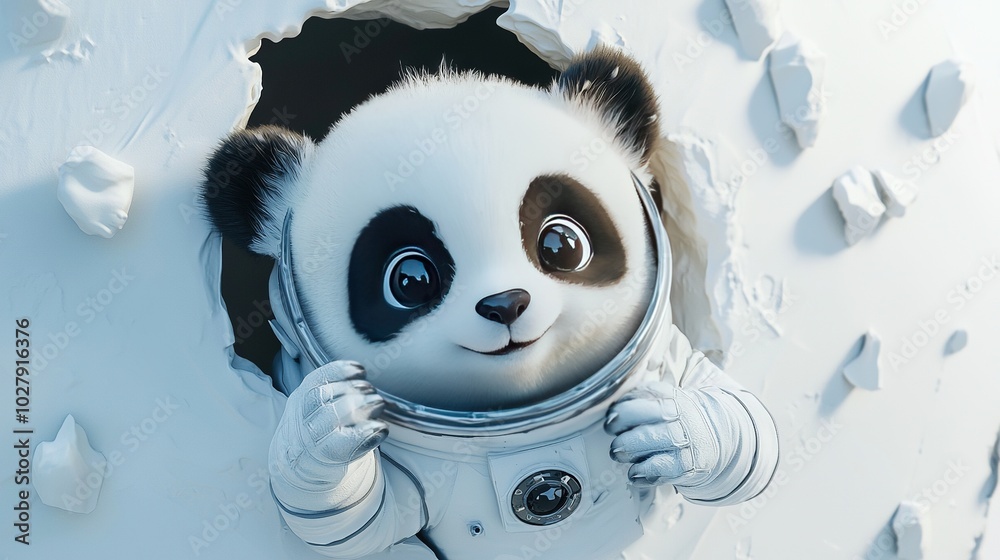 Sticker   A panda bear wearing an astronaut suit peeks through a wall with a hole in it