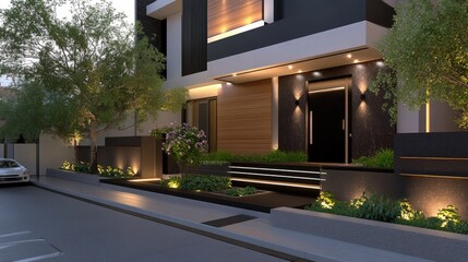 This stylish front door showcases a sleek design with wood and glass elements framed in black aluminum, enhanced by potted plants and ambient LED lighting for a modern look.