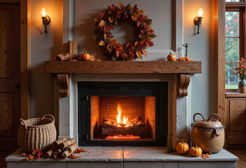 A cozy fireplace decorated for Thanksgiving with a wreath of autumn leaves, small pumpkins, and a stack of firewood next to it.  
