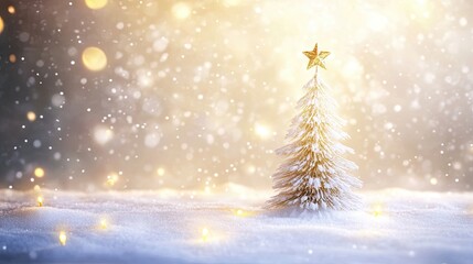 Obraz premium Miniature toy fluffy Christmas tree the top of which is decorated with a star. Illustration for cover, card, postcard, interior design, brochure or presentation.