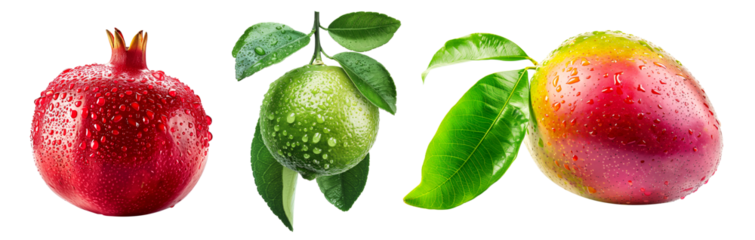 Ripe mango, lime and pomegranate with green leaves and water drops isolated on white transparent background