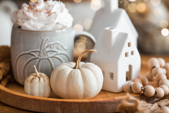 Delicious pumpkin latte with whipped cream and cinnamon in a mug on the table in the living room interior. Autumn decor in the house. Scandinavian style.