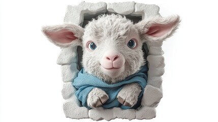   A blue-sweatered sheep statue stands against a brick wall background