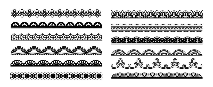 Scallop edge lace borders set. Black seamless patterns with dividers for frames or frill ribbons. Ornate lacework or trim decoration. Flat vector illustration collection isolated on white background