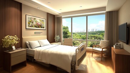 Fototapeta premium Modern luxury cosy hospital room with an empty bed for the patient and modern medical equipment. Private medical facility with professional services. Illustration for advertising, marketing, etc.