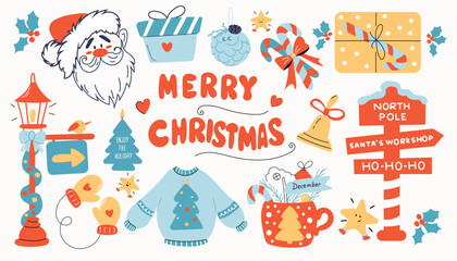 Big Christmas set of festive symbols and design elements. Cute illustration in hand drawn style.