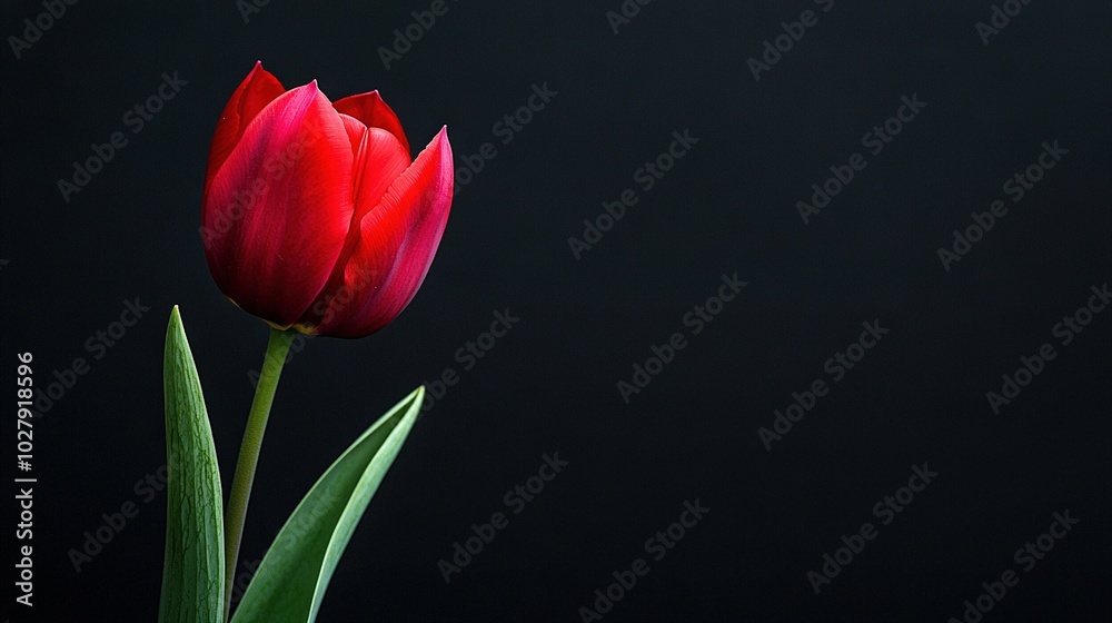 Sticker   A solitary red tulip rests atop a verdant stem against a dark backdrop, with a green stem prominent in the foreground