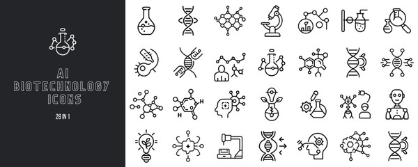 AI biotechnology icons set in minimal line art style on wite background