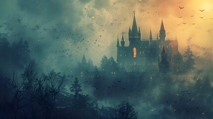 Halloween background.Scary haunted castle poster