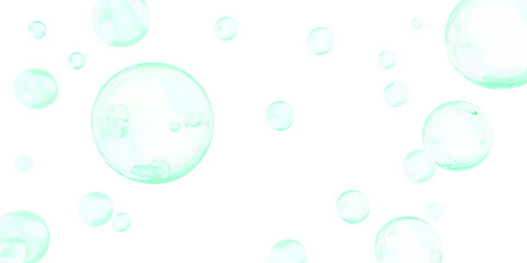 Many green soap bubbles float in air pattern on transparent cutout background, PNG file. Mockup clipart template