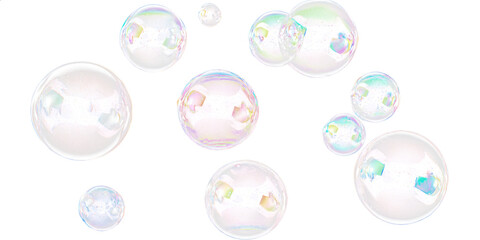 Many White soap bubbles float in air pattern on transparent cutout background, PNG file. Mockup clipart template